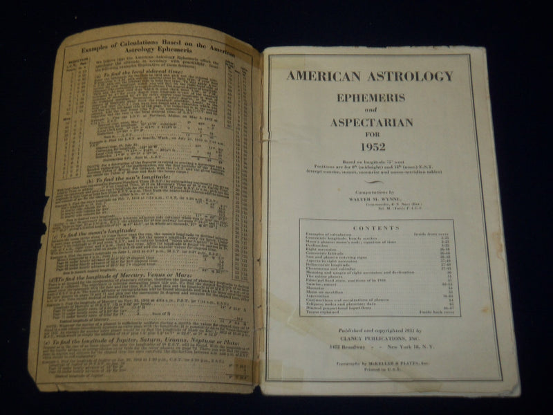 1952 AMERICAN ASTROLOGY EPHEMERIS AND ASPECTARIAN BOOK - J 4616