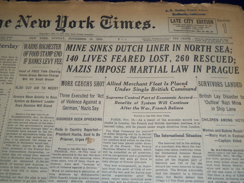 1939 NOV 19 NEW YORK TIMES - MINE SINKS DUTCH LINER-NAZIS IMPOSE LAW - NT 571