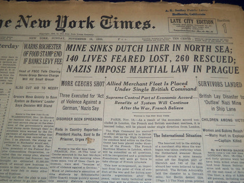 1939 NOV 19 NEW YORK TIMES - MINE SINKS DUTCH LINER-NAZIS IMPOSE LAW - NT 571