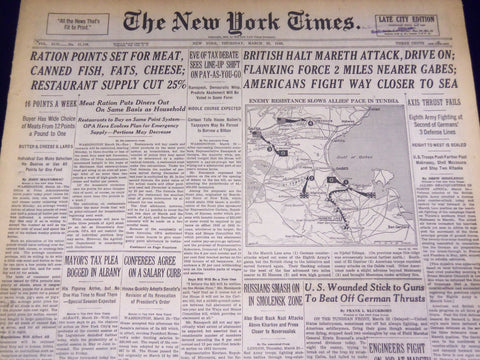 1943 MARCH 25 NEW YORK TIMES - BRITISH HALT MARETH ATTACK, DRIVE ON - NT 1880