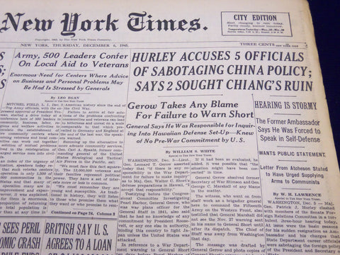 1945 DEC 6 NEW YORK TIMES HURLEY ACCUSES 5 OFFICIALS SABOTAGING POLICY - NT 291