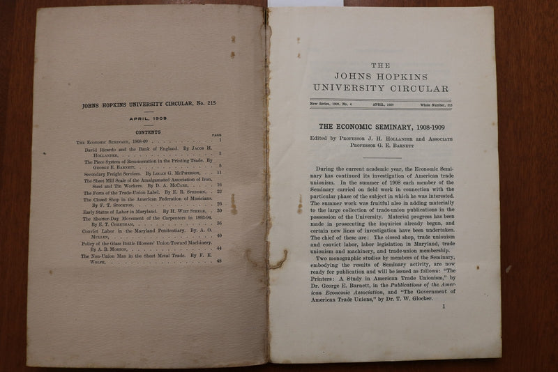 1909 APRIL THE JOHNS HOPKINS UNIVERSITY CIRCULAR SOFTCOVER BOOK - K 3159