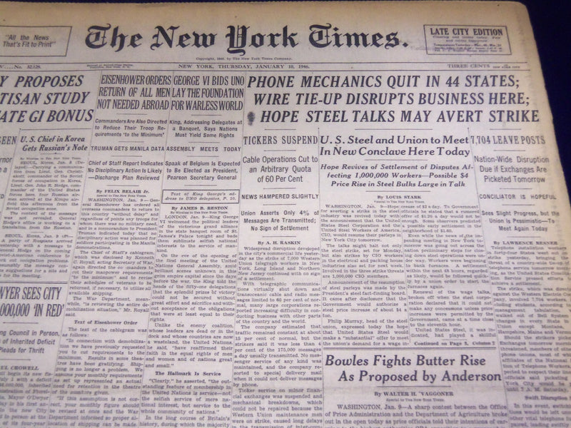 1946 JANUARY 10 NEW YORK TIMES - PHONE MECHANICS QUIT IN 44 STATES - NT 3468