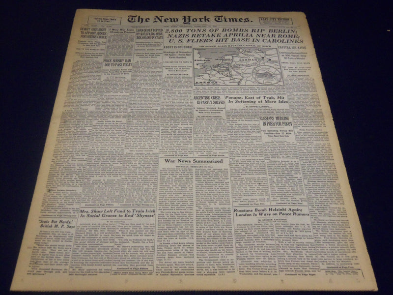 1944 FEBRUARY 17 NEW YORK TIMES - NAZIS RETAKE APRILIA NEAR ROME - NT 3701