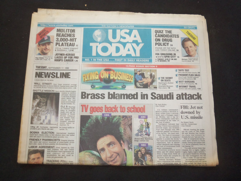 1996 SEPTEMBER 17 USA TODAY NEWSPAPER - BRASS BLAMED IN SAUDI ATTACK - NP 7830