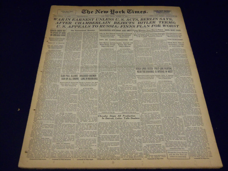 1939 OCTOBER 13 NEW YORK TIMES - WAR IN EARNEST UNLESS U. S. ACTS - NT 576