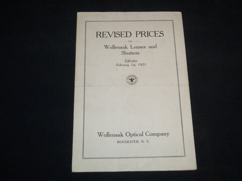 1921 WOLLENSAK LENSES AND SHUTTERS PRICE LIST - WOLLENSAK OPTICAL CO. - J 9145
