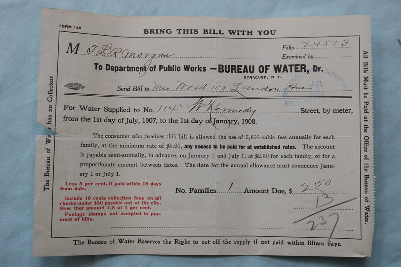 1907 SYRACUSE NEW YORK BUREAY OF WATER BILL AND CHECK - K 2528