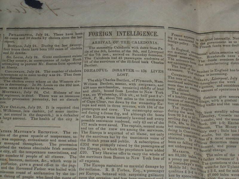 1849 JULY 28 MASSACHUSETTS PLOUGHMAN NEWSPAPER - CALEDONIA ARRIVAL - NP 5171