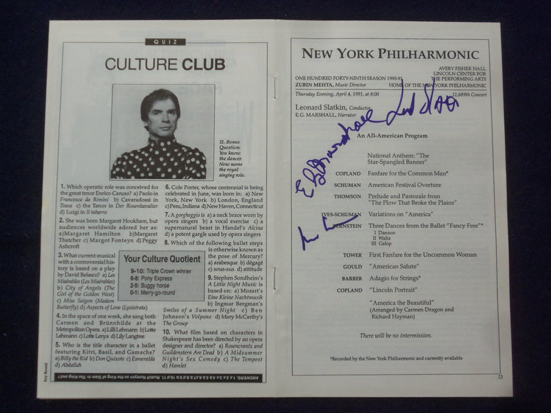 1991 APRIL 4 LEONARD SLATKIN & E.G. MARSHALL SIGNED PROGRAM + A 3RD SIGNATURE
