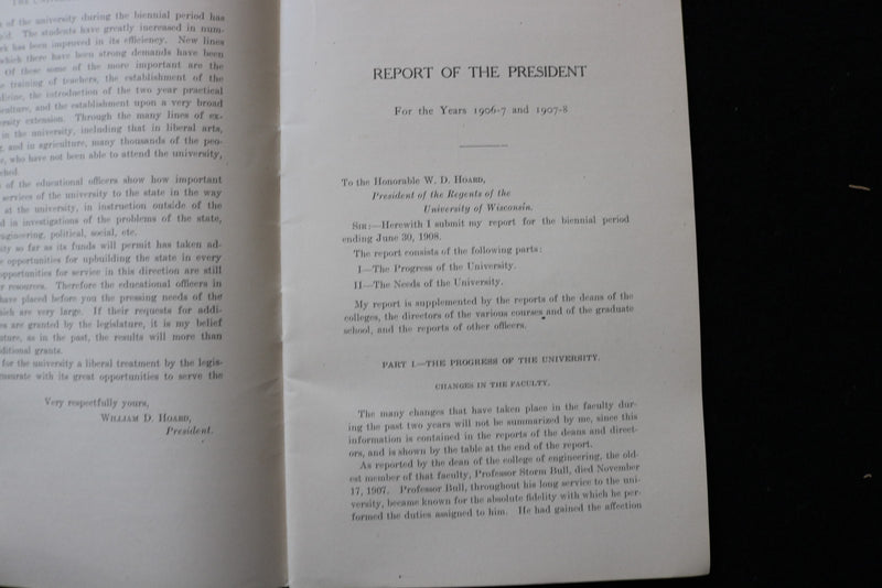 1908 UNIVERSITY OF WISCONSIN REPORT OF THE PRESIDENT SOFTCOVER BOOK - K 3009