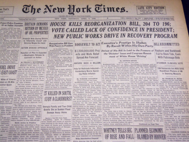 1938 APRIL 9 NEW YORK TIMES - HOUSE KILLS REORGANIZATION BILL - NT 2839