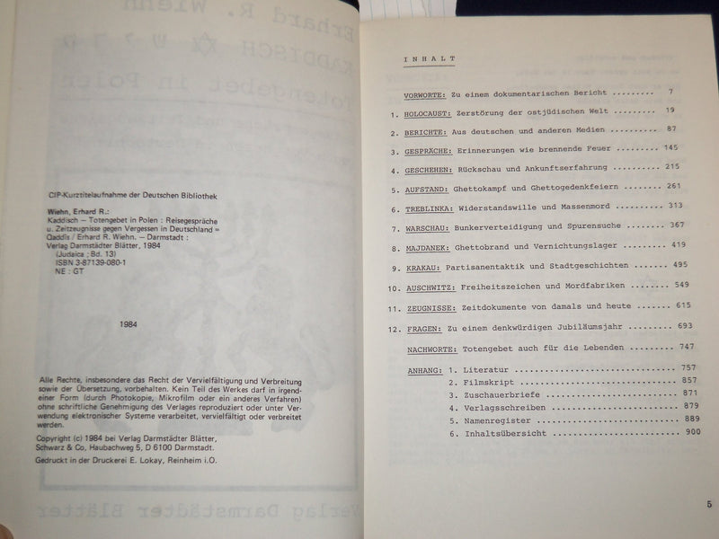 1984 KADDISCH TOTENGEBET IN POLEN BOOK INSCRIBED BY ERHARD R. WIEHN - KD 1378L
