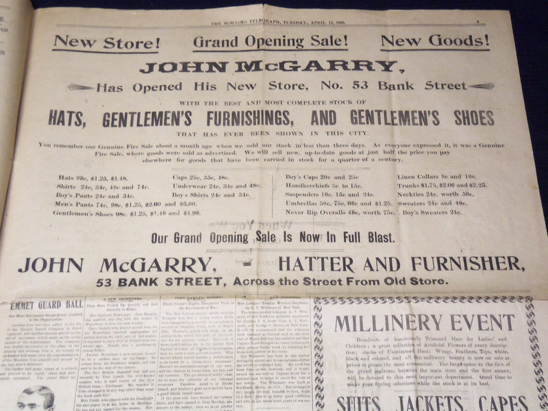 1898 APRIL 12 MORNING TELEGRAPH NEWSPAPER - MCKINLEY'S VIEWS ON MAINE - NP 2152A