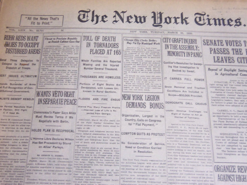 1920 MARCH 30 NEW YORK TIMES - TOLL OF DEATH IN TORNADOES AT 165 - NT 6744