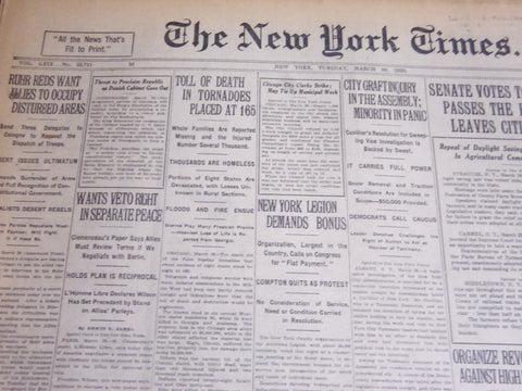 1920 MARCH 30 NEW YORK TIMES - TOLL OF DEATH IN TORNADOES AT 165 - NT 6744