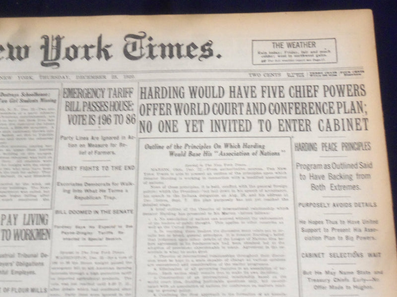 1920 DECEMBER 23 NEW YORK TIMES - HARDING WOULD HAVE FIVE CHIEF POWERS - NT 8495