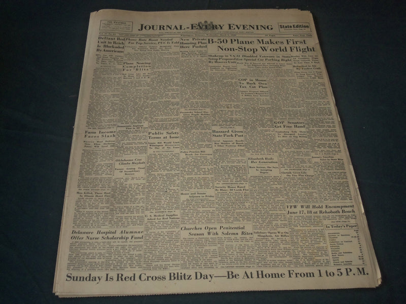 1949 MARCH 2 WILMINGTON JOURNAL B-50 PLANE MAKES FIRST NON-STOP FLIGHT- NT 7326