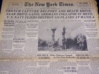 1944 NOV 21 NEW YORK TIMES - SAAR DRIVE GAINS, GERMANS COLLAPSE IN METZ- NT 2608