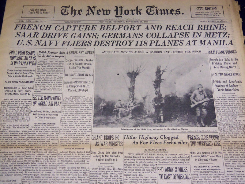 1944 NOV 21 NEW YORK TIMES - SAAR DRIVE GAINS, GERMANS COLLAPSE IN METZ- NT 2608