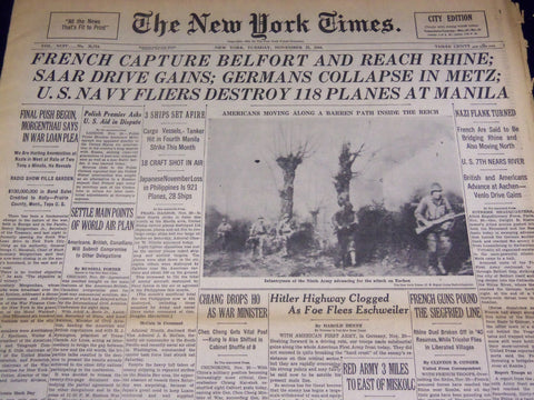 1944 NOV 21 NEW YORK TIMES - SAAR DRIVE GAINS, GERMANS COLLAPSE IN METZ- NT 2608