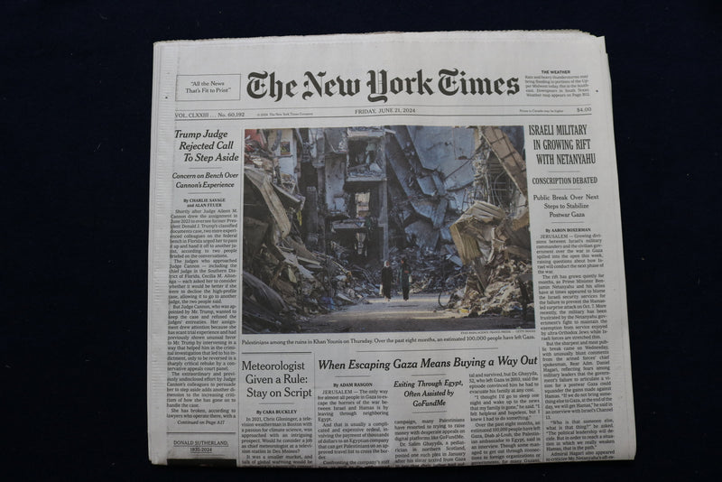 2024 JUNE 21 NEW YORK TIMES - ISRAELI MILITARY IN GROWING RIFT WITH NETANYAHU