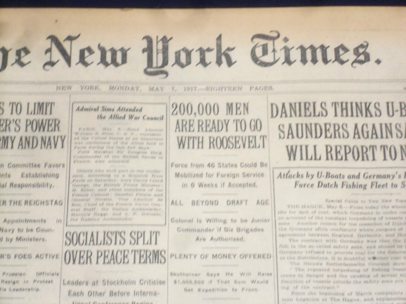 1917 MAY 7 NEW YORK TIMES - 200,000 MEN READY TO GO WITH ROOSEVELT - NT 9136