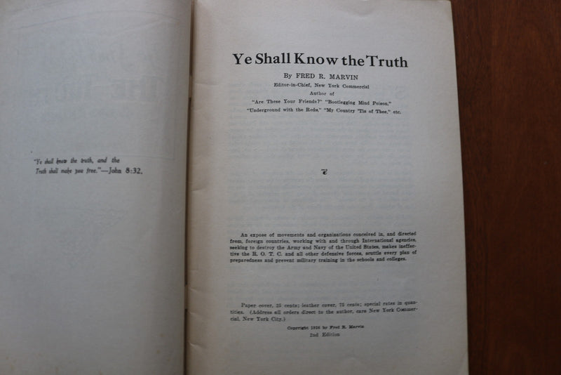 1926 YE SHALL KNOW THE TRUTH BY FRED R. MARVIN - SOFTCOVER BOOK - K 3237