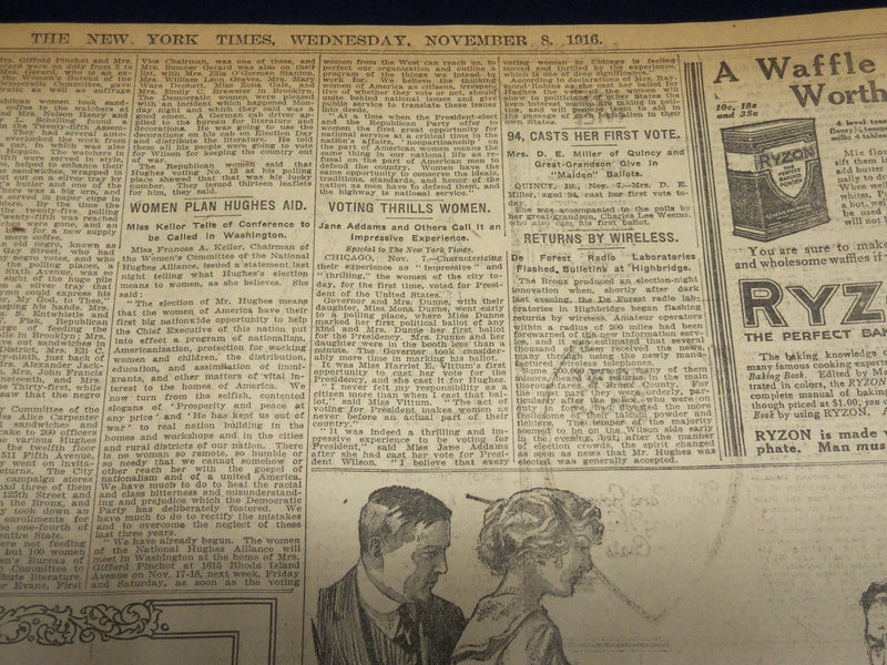 1916 NOVEMBER 8 NEW YORK TIMES - ELECTION CLOSE WILSON 264 HUGHES 251 - NT 7687