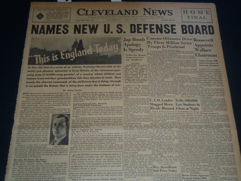 1941 JULY 31 CLEVELAND NEWS NEWSPAPER - THIS IS ENGLAND TODAY - NEVINS - NT 7472