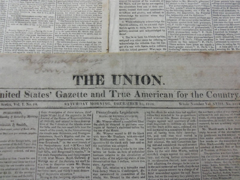 1818 THE UNION U.S. GAZETTE & TRUE AMERICAN NEWSPAPER LOT OF 8 DIFF - NP 1475