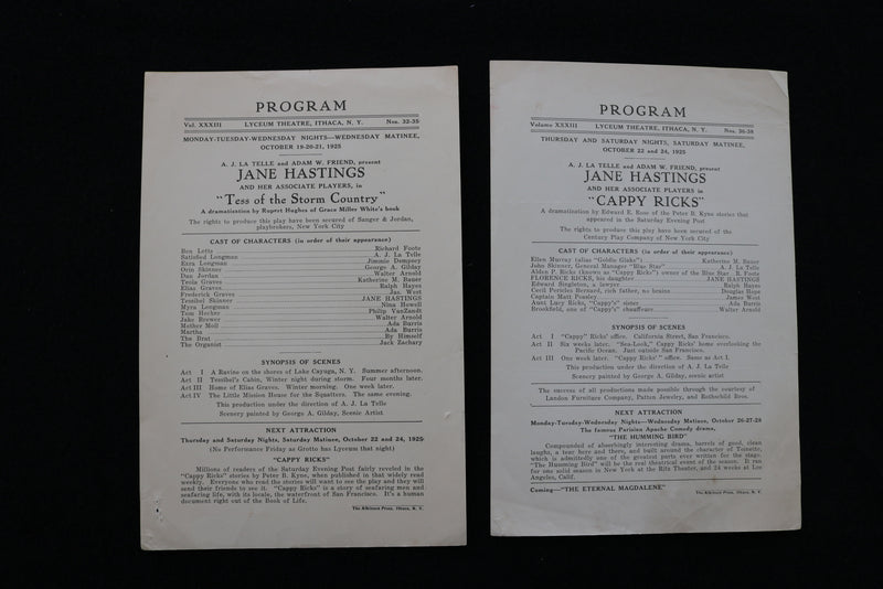 1925 LYCEUM THEATER PROGRAMS - LOT OF 2 - ITHACA, NEW YORK - K 1878