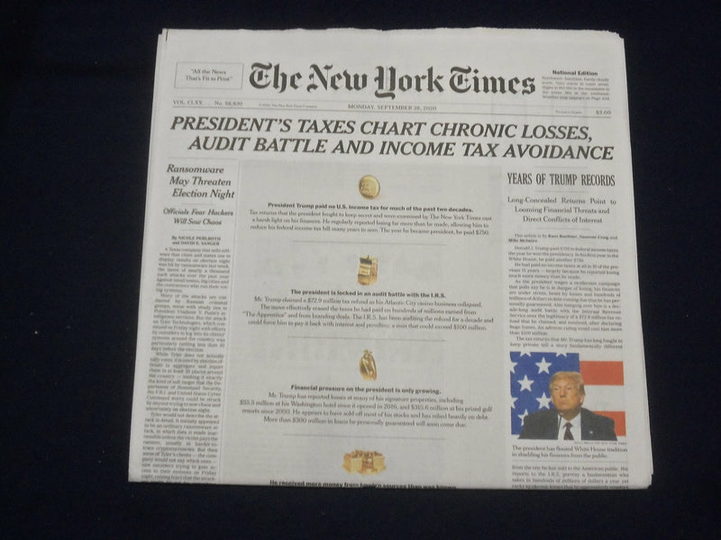 2020 SEPTEMBER 28 NEW YORK TIMES- TRUMP'S TAXES CHART CHRONIC LOSSES - PAID $750