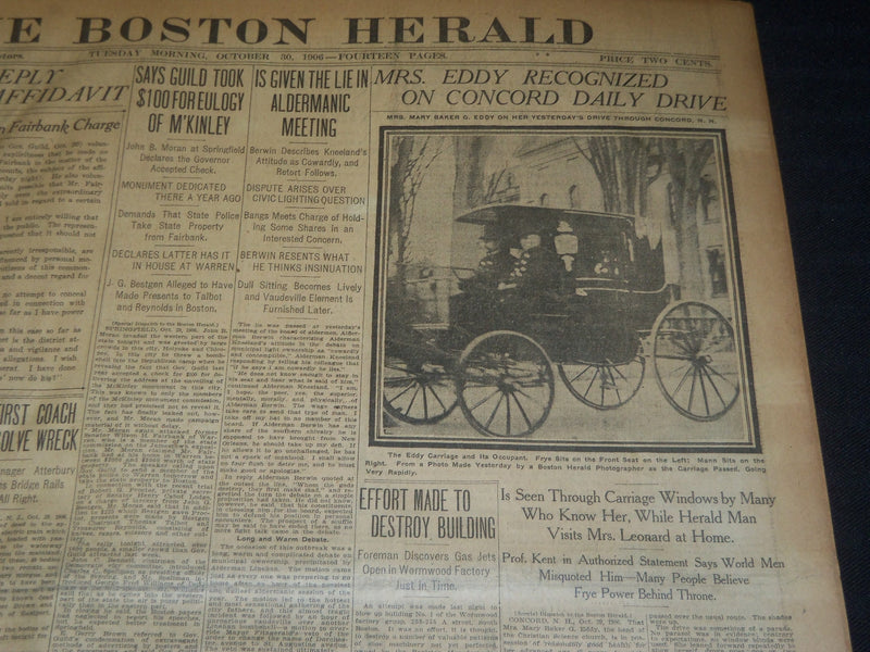 1906 OCTOBER 30 THE BOSTON HERALD - MRS. EDDY RECOGNIZED ON CONCORD - BH 91