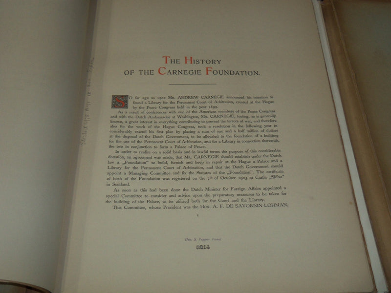 1907 THE PALACE OF PEACE AT THE HAGUE VOLUME BY CARNEGIE FOUNDATION - Z 274