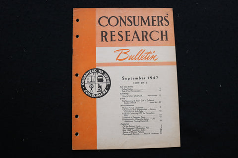 1947 SEPTEMBER CONSUMERS' RESEARCH BULLETIN MAGAZINE - SP 4179R