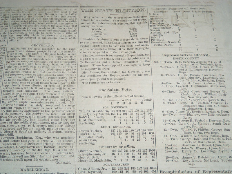 1871 NOVEMBER 8 ESSEX COUNTY MERCURY NEWSPAPER - ELECTION RESULTS - NP 3971