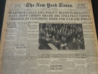 1951 APRIL 20 NEW YORK TIMES - M'ARTHUR CALLS ASIA POLICY 'BLIND"- NT 5843