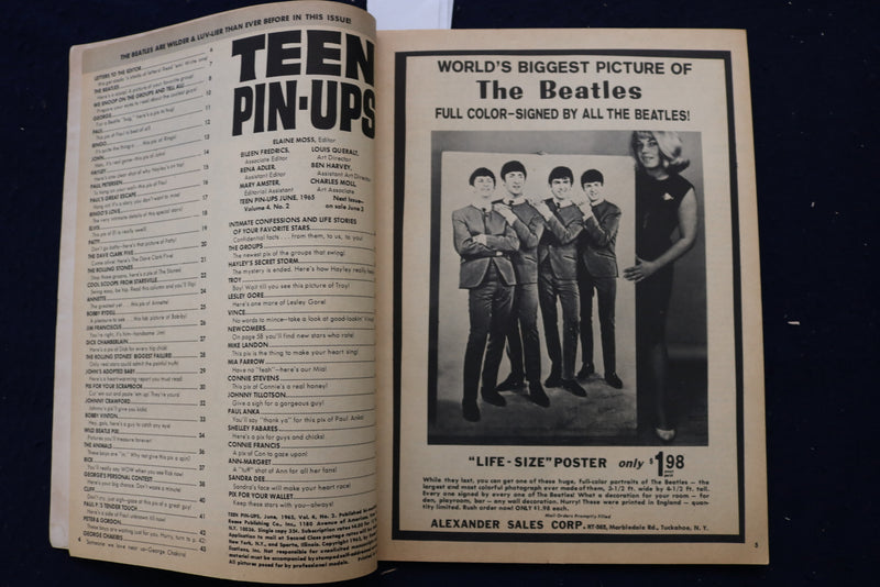 1965 JUNE TEEN PIN-UPS MAGAZINE - THE BEATLES PHOTOS AND ARTICLES - E 18592