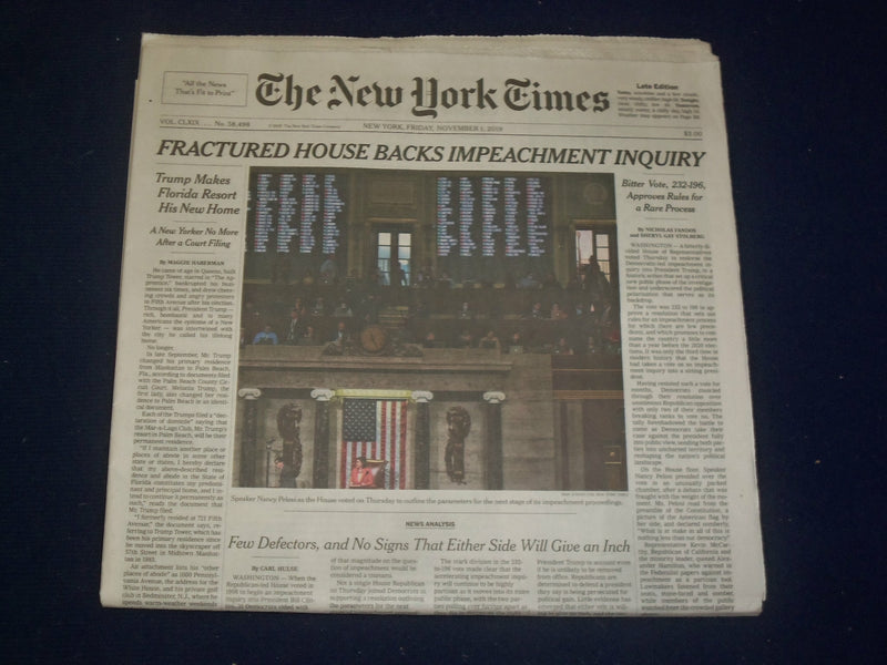 2019 NOVEMBER 1 NEW YORK TIMES - FRACTURED HOUSE BACKS IMPEACHMENT INQUIRY