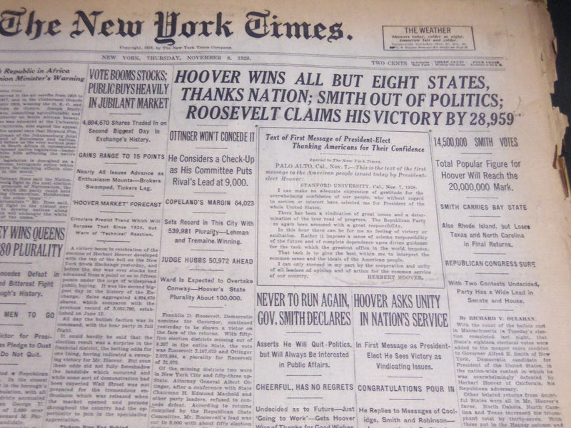 1928 NOVEMBER 8 NEW YORK TIMES - HOOVER WINS ALL BUT EIGHT STATES - NT 6930