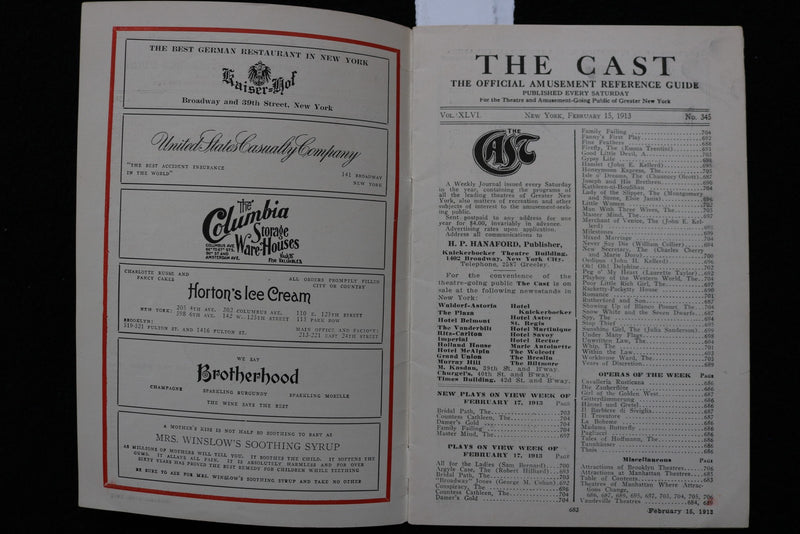 1913 FEBRUARY 15 THE CAST NEW YORK AMUSEMENT GUIDE - BELLE ASHLYN - K 2755