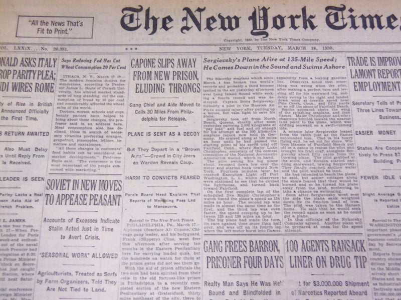 1930 MARCH 18 NEW YORK TIMES - CAPONE SLIPS AWAY FROM NEW PRISON - NT 1674