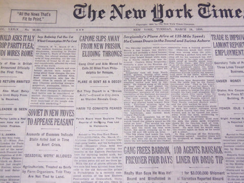 1930 MARCH 18 NEW YORK TIMES - CAPONE SLIPS AWAY FROM NEW PRISON - NT 1674