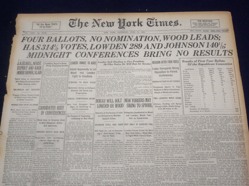 1920 JUNE 12 NEW YORK TIMES - FOUR BALLOTS, NO NOMINATION - NT 9112