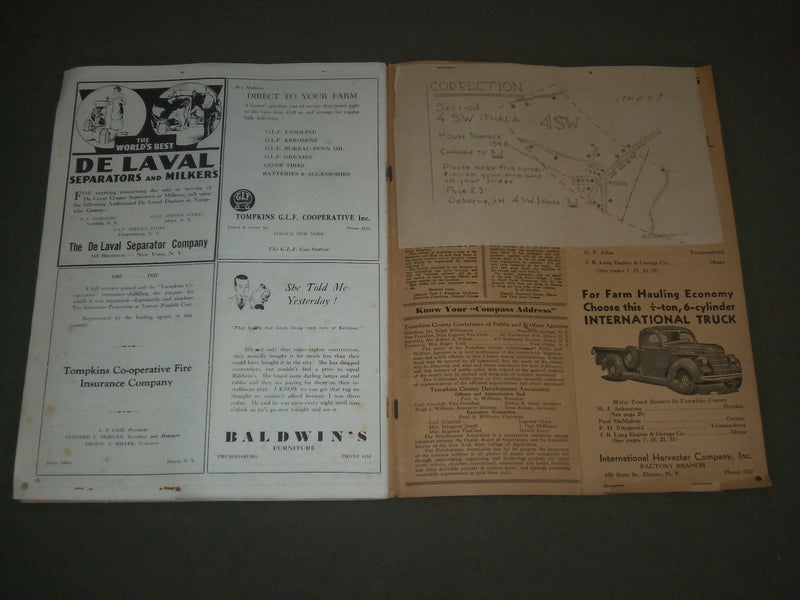 1938 TOMPKINS COUNTY NEW YORK RURAL INDEX & ALMANAC - J 2642