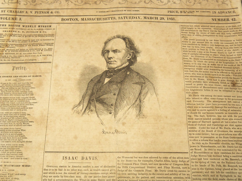 1851 MARCH 29 BOSTON MUSEUM NEWSPAPER - ISAAC DAVIS - HENRY LONGFELLOW - NP 9028
