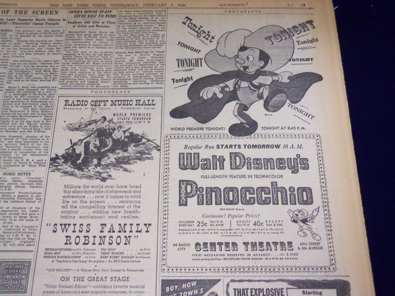 1940 FEBRUARY 7 NEW YORK TIMES - PINOCCHIO WORLD PREMIERE TONIGHT - NT 2555