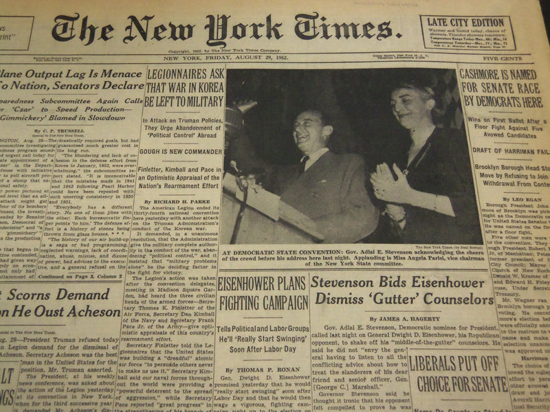 1952 AUGUST 29 NEW YORK TIMES - EISENHOWER PLANS FIGHTING CAMPAIGN - NT 4524