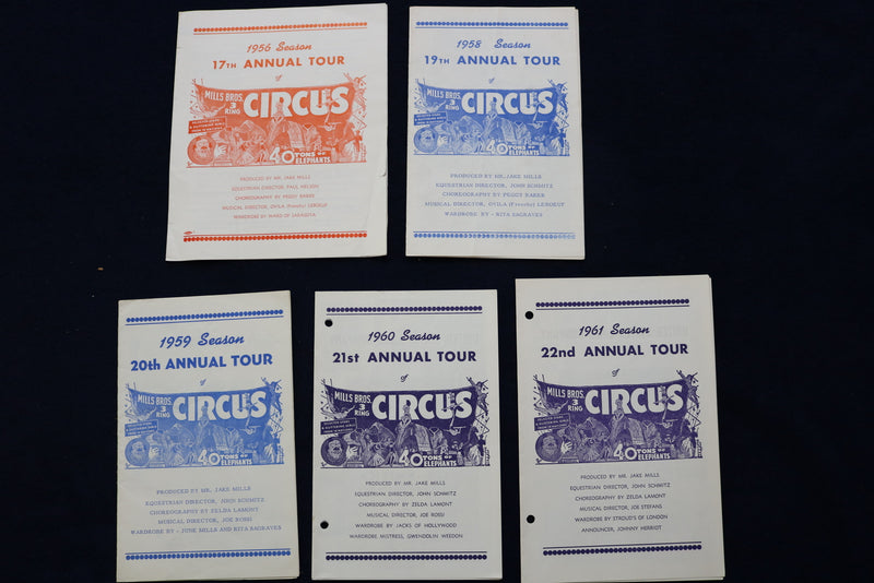 1956-1961 MILLS BRO 3-RING CIRCUS TOUR SOFTCOVER PROGRAMS - LOT OF 5 - K 610